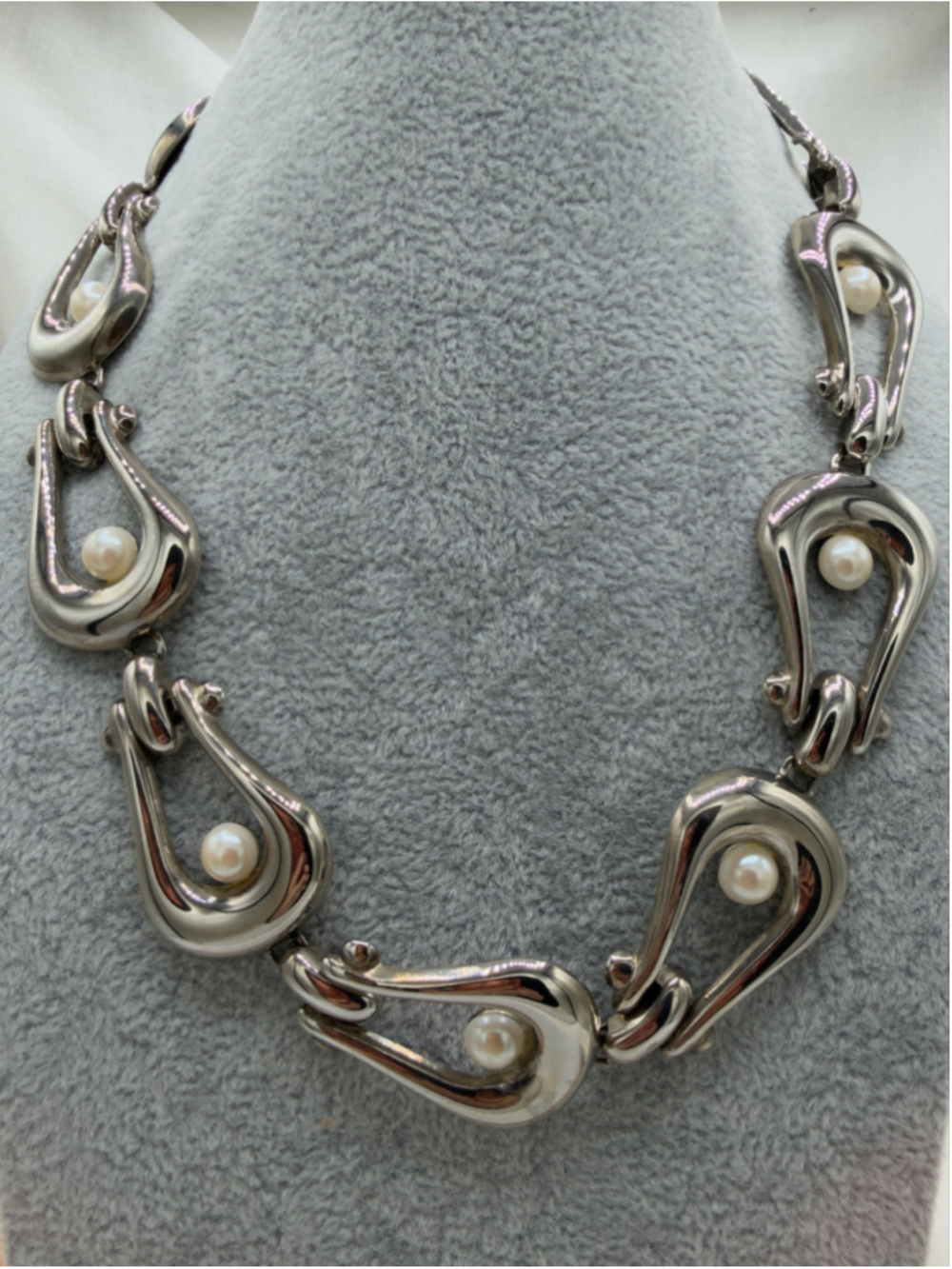 Silver Tone Sculptural Faux Pearl Statement Necklace Modernist